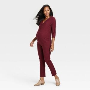 The Nines by HATCH XL Button-Front 3/4 Sleeve Maternity Jumpsuit, Burgundy/Wine